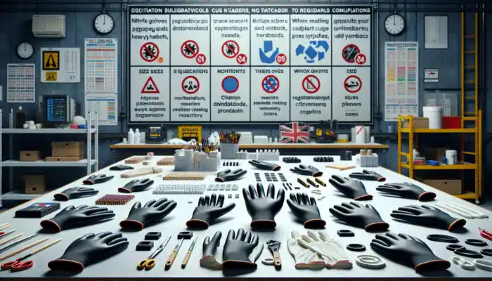 Nitrile gloves displayed on a UK industrial workbench: thick gloves for heavy-duty protection and thin gloves for precision tasks, complete with size labels and compliance stickers.