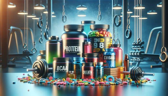 Supplements to Boost Muscle Growth: A gym bench displays protein shakes, BCAA capsules, creatine pills, omega-3 bottles, dumbbells, and a water bottle for muscle recovery.