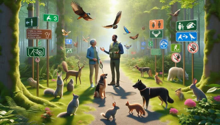 A pet owner and dog on a forest trail, guided by a wildlife expert with educational signs.
