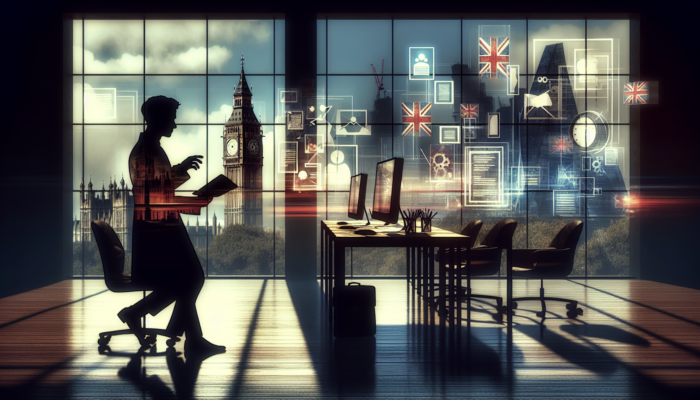 A professional in a modern London office reviews web developer resumes on screens showing code, with Big Ben and Union Jack in the background.