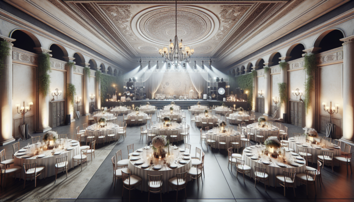 Elegant event setup at Richards Bay Country Club with banquet hall and outdoor spaces, sophisticated catering, and audiovisual equipment.