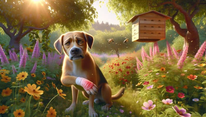 A curious dog in a sunlit garden with vibrant wildflowers and a distant beehive, wincing in pain from a bee sting on its swollen paw.