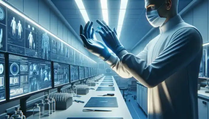 A technician in a sterile UK laboratory examines the snug fit of blue nitrile gloves, ensuring EN standards compliance under bright lights.