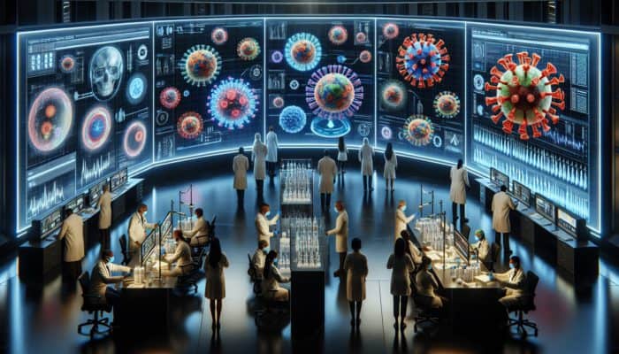 Futuristic command centre with diverse scientists analysing holographic virus models and data screens while medical teams vaccinate communities.
