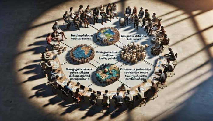 Diverse group brainstorming pandemic strategies in a dimly lit community centre, with charts on funding shortfalls, unengaged citizens, and training.