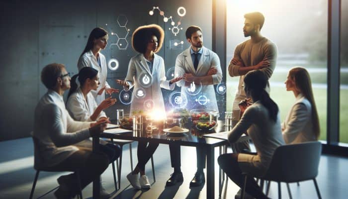 Diverse nutrition experts discussing online dietary forums, using a digital screen with graphs and charts.