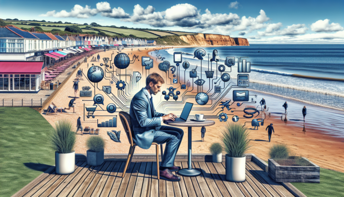 A small business owner at a Burnham-on-Sea beach cafe analyzes e-commerce charts on a laptop, surrounded by social media and shopping cart icons.