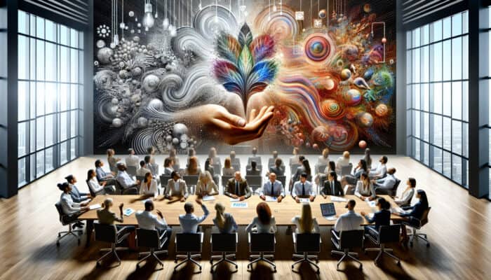 A diverse team in a vibrant conference room reviews colorful dashboards showing diversity metrics like training participation, feedback, and retention rates.