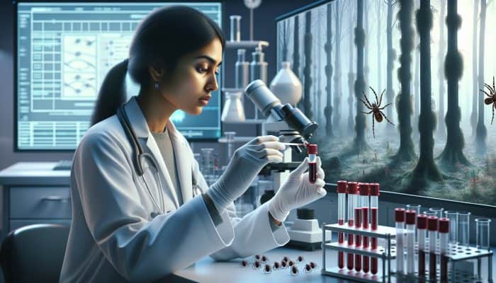 What is a Lyme Disease Blood Test?: A focused NHS doctor draws blood in a modern UK lab for a Lyme disease test, surrounded by equipment and misty woodlands with ticks.