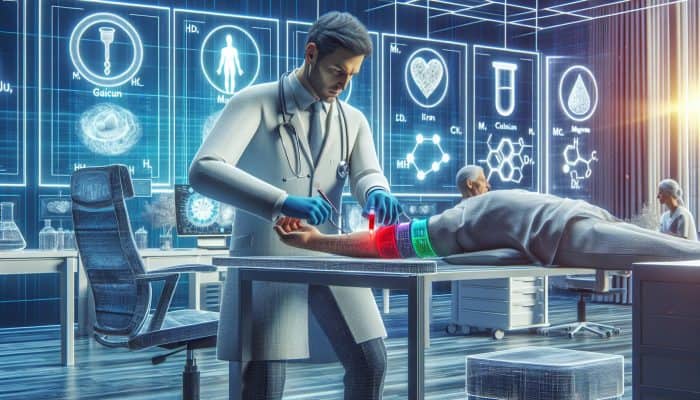 Mineral Blood Test in Bracknell: In a modern UK clinic, a doctor in a white coat draws blood for a mineral test, with equipment showing graphs of iron, calcium, magnesium, and zinc levels.