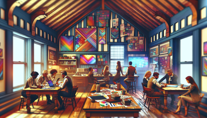 Small business owners in historic Tewkesbury analyze vibrant market trends on digital screens, surrounded by laptops and reports.