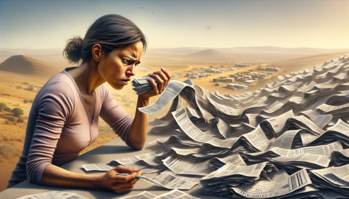 Confused first-time buyer in Postmasburg examines crumpled title deeds and maps, ignoring bills in a dusty arid landscape under harsh sun.