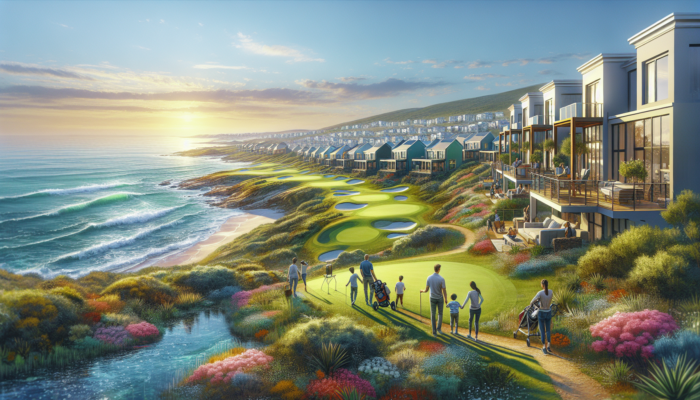 Vibrant coastal scene in Mossel Bay, South Africa: modern homes in The Links estate, young families exploring, green golf courses, and sparkling ocean views under sunny skies.