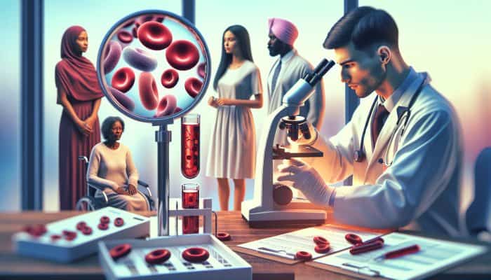 What Can A Routine Blood Test Detect?: UK NHS clinic: Diverse patients undergoing routine blood tests, doctor examining red blood cells under microscope, with 70% success rate charts.