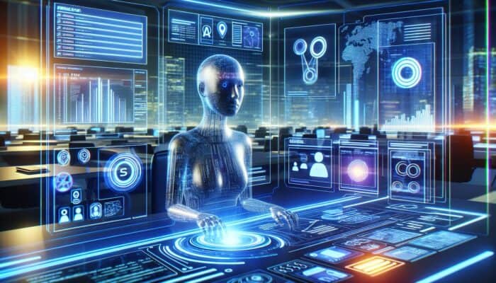 A futuristic AI hologram named Alli analyzes SEO data on a glowing dashboard with rising graphs, keywords, and search engine icons in a high-tech control room.