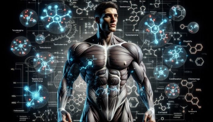 A muscular man surrounded by glowing hormone molecules like testosterone, with anatomical diagrams and charts on men's health.