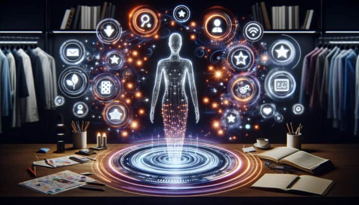 Holographic virtual assistant in a futuristic fashion studio, surrounded by swirling digital trends and feedback icons, evolving through glowing data loops.