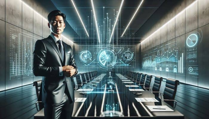 Advanced Negotiation Tactics for Consolidation Rates | DCL A sharp-suited negotiator in a high-tech boardroom, surrounded by holographic charts and beams of light symbolising strategies.