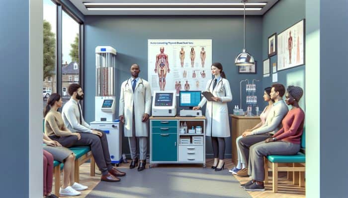 A cozy clinic in Potters Bar where friendly staff assist diverse patients with personalized thyroid tests, emphasizing convenience and modern equipment.