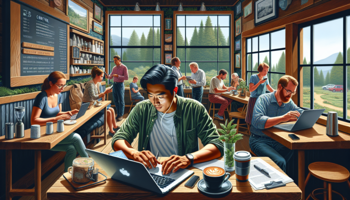 In a cosy Cinderford coffee shop, a business owner types a blog on a laptop while locals read phones amid rustic decor and forest views.