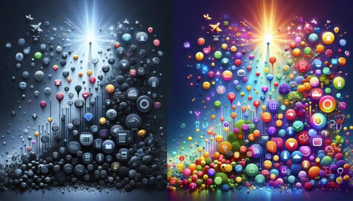 Illustration depicting the impact of SEO: a dim, underperforming product page with low traffic icons contrasted with a vibrant page showing rising graphs and sales symbols.