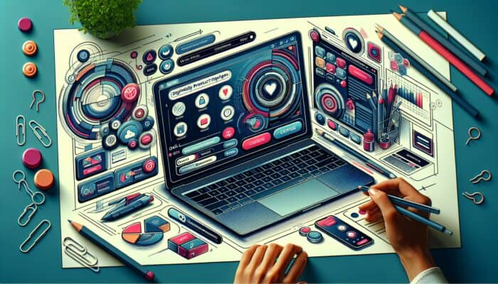 A vibrant digital illustration of a modern e-commerce page on a laptop, showcasing intuitive navigation, easy-to-use buttons, and engaged users browsing.