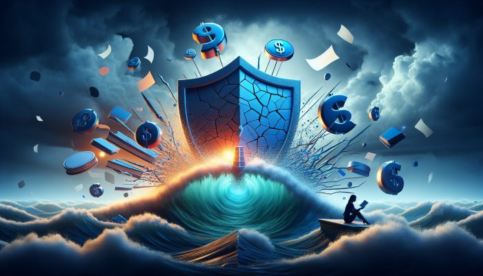 Myths About Debt Consolidation Interest Rates | DCL Cracked fixed rate shield shattering into turbulent market waves, with Barclays and Santander logos amid fluctuating graphs, as borrower researches documents.