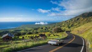 A winding road curves through Maui Upcountry’s green, hilly pastures with grazing cows and wooden barns. A white convertible cruises this scenic route, sloping down to the blue ocean under a clear sky, with mountains rising on the right.