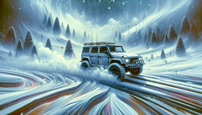 A robust SUV equipped with snow tires and a powerful heating system driving safely through icy, snowy roads.