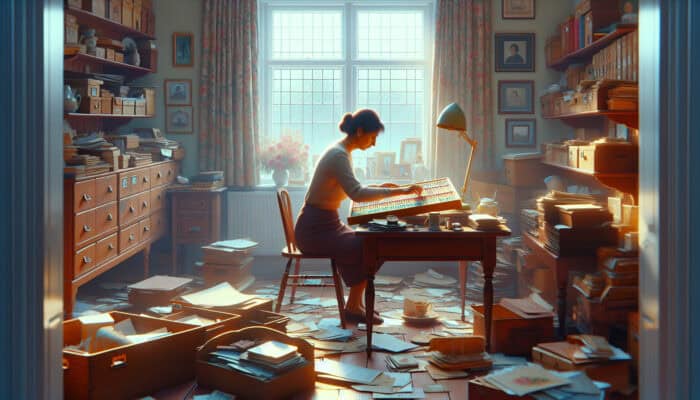 In a cluttered British home, an executor sorts heirlooms and documents at a wooden table, checking a timeline calendar with soft window light.