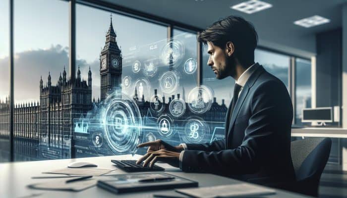 Determined professional in modern London office reviews debt loan documents on laptop, surrounded by British currency, credit graphs, ID proofs, and Big Ben.
