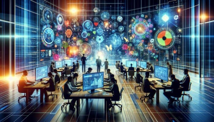 Analysts in a digital workspace reviewing Google Analytics dashboards, Ahrefs keyword clouds, and social listening feeds displayed across multiple screens.