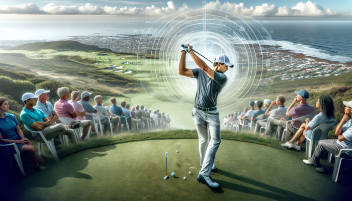 A focused South African golfer on a lush Cape Town course, visualising a flawless swing with the ball arcing over green fairways and ocean vistas, surrounded by diverse spectators.
