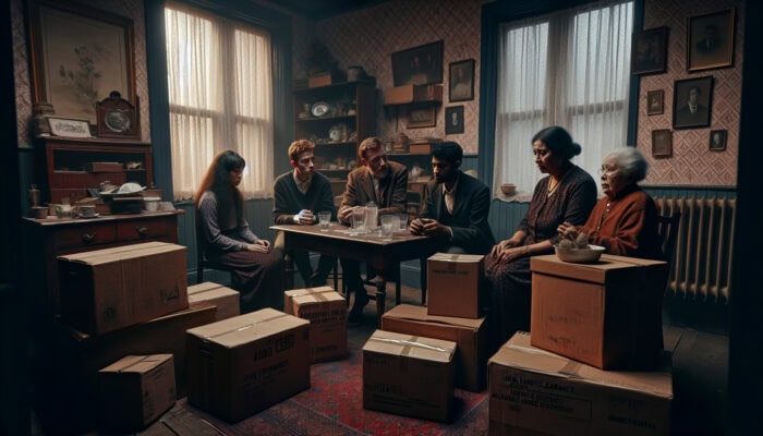 A dimly lit Victorian home cluttered with dusty antiques and boxes, where a somber family discusses inheritance with a mediator.