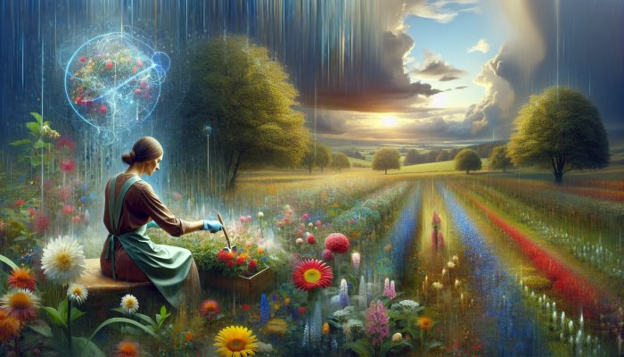 A British woman joyfully gardening in the verdant countryside amid blooming flowers, gentle rain, and mixed sunlight and clouds.