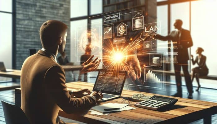 Focused individual at a wooden desk reviewing loan documents on a laptop, with a financial advisor pointing to charts in a sunlit office, money and calculator nearby.