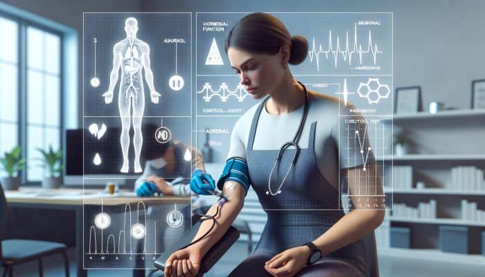 Cortisol Blood Test in Wokingham: A nurse in a Wokingham NHS clinic draws blood from a weary patient for a cortisol test, surrounded by adrenal function charts.