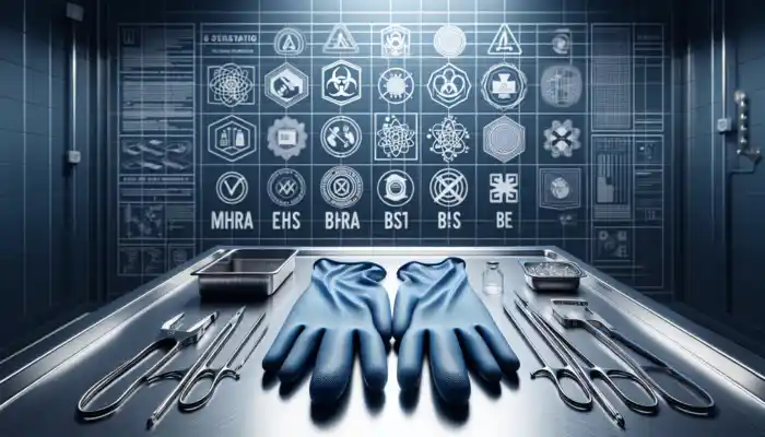 Blue examination gloves on a stainless steel table in a sterile UK laboratory, surrounded by MHRA documents and BS EN seals.