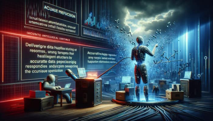 A futuristic AI assistant in a digital landscape analyses accurate data for smiling users, while inaccurate data causes errors and frustration.