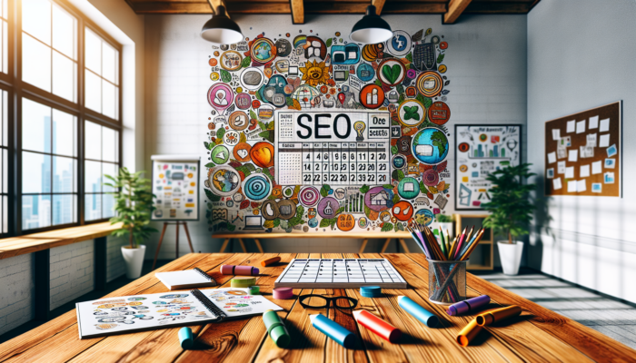 A vibrant digital content calendar on a wooden desk with festival icons, SEO graphs, and business materials in a bright office.