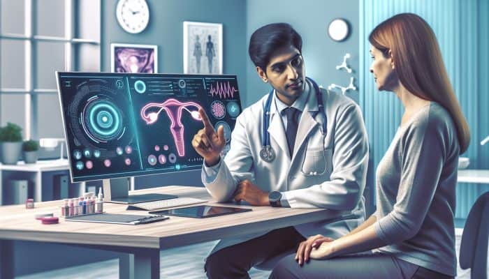 A compassionate doctor explains menopause test results to a middle-aged woman in a Halesowen clinic, pointing at digital graphs and charts.