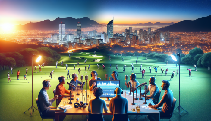 South African podcasters and listeners discuss golf trends in a Durban studio, with screens in Afrikaans and English, overlooking a green course at dusk.