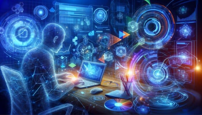 SEO expert analyses competitor backlinks using Ahrefs, SEMrush, and Moz on glowing screens, surrounded by holographic charts and graphs in blue lighting.