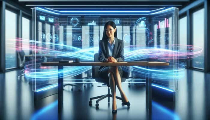 A modern professional at a sleek desk, surrounded by glowing screens displaying integrated productivity apps and flowing digital workflows in a vibrant office.