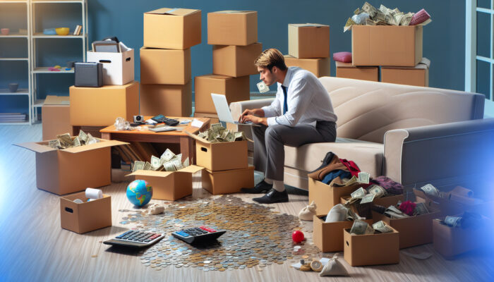 An individual focused on sorting boxes in a cluttered living room, reviewing a budget spreadsheet on a laptop with coins, notes, and a calculator.