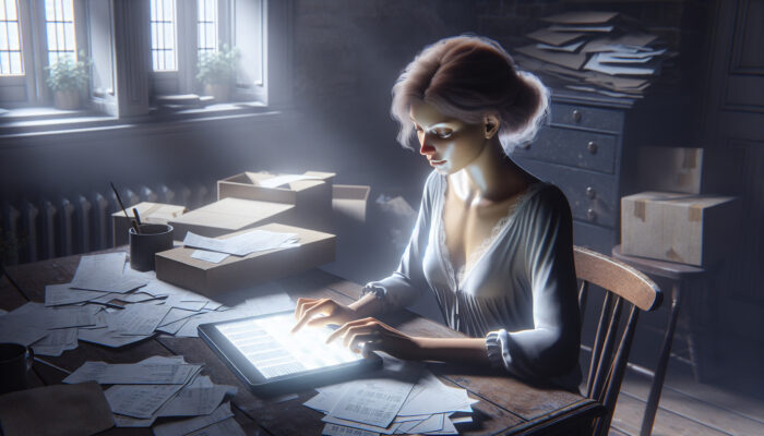 A calm British woman at a wooden desk in a cluttered home, using a tablet app to track budgets amidst moving boxes and receipts.