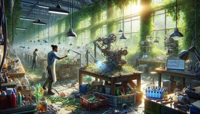 Inventor assembling a sustainable machine from recycled metal scraps, plastic bottles, and wires in a sunny workshop with lush plants.