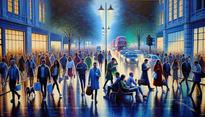 A rainy evening on a bustling UK street depicting stressed commuters rushing through crowds, contrasting with a peaceful park where individuals unwind with friends.