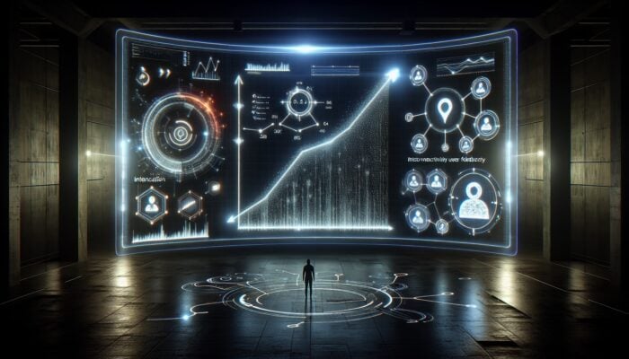 A futuristic digital dashboard displaying rising dwell time graphs, falling bounce rates, interconnected backlinks, and glowing user review icons for E-E-A-T analysis.