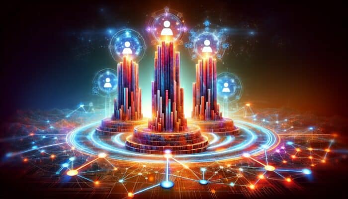 A vibrant digital landscape showcasing E-E-A-T pillars rising over glowing backlinks, search results, and engaged users, symbolising improved rankings.